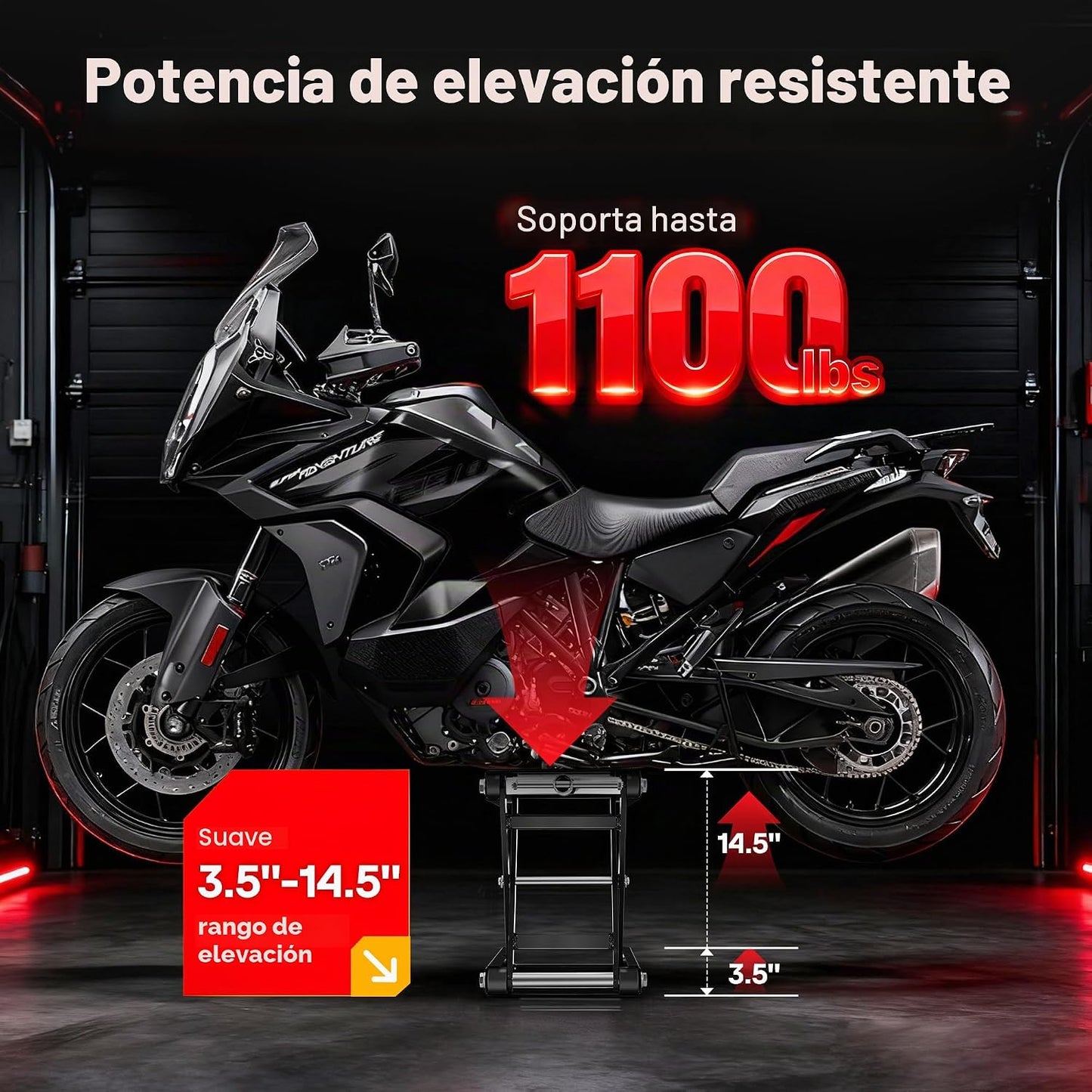 Elevador motocicleta 1100lb acero negro ajustable con