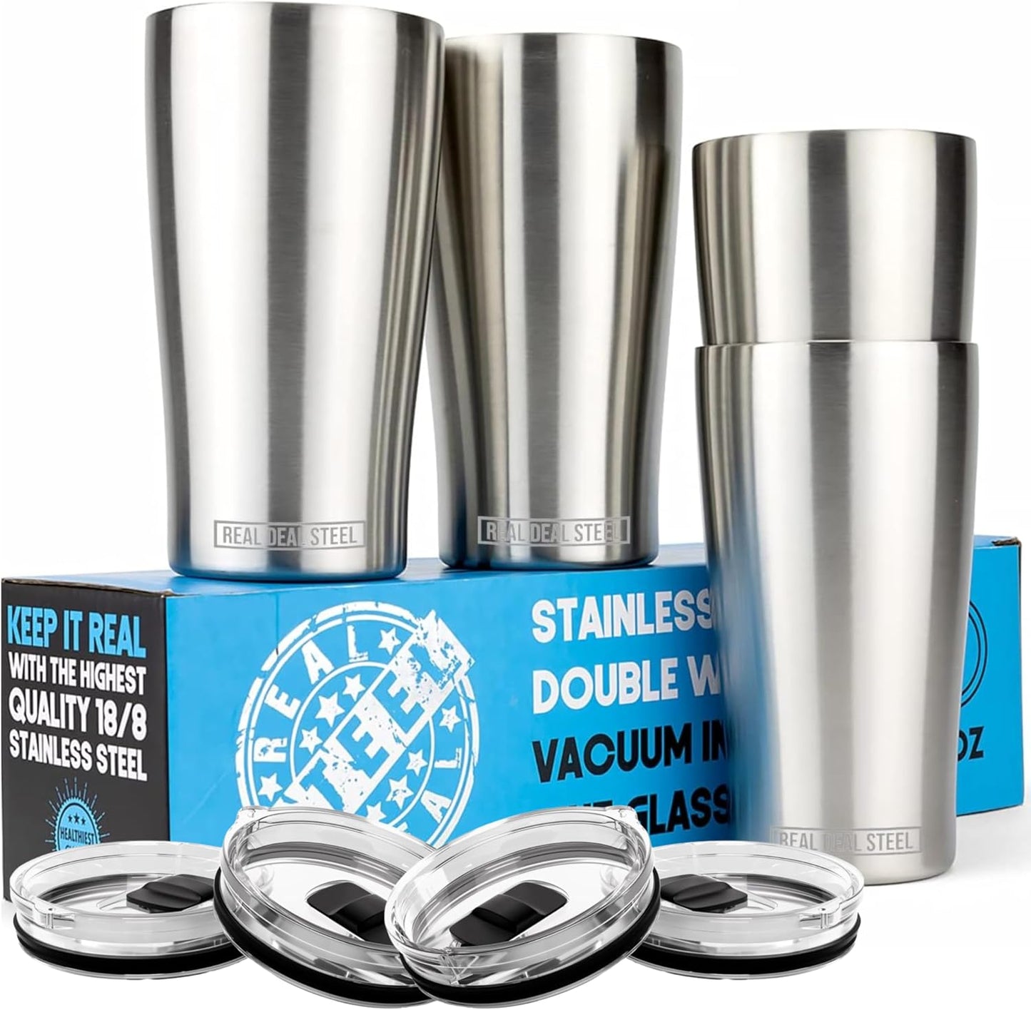 Vasos aislados acero inox set 4 tazas 16oz con tapas