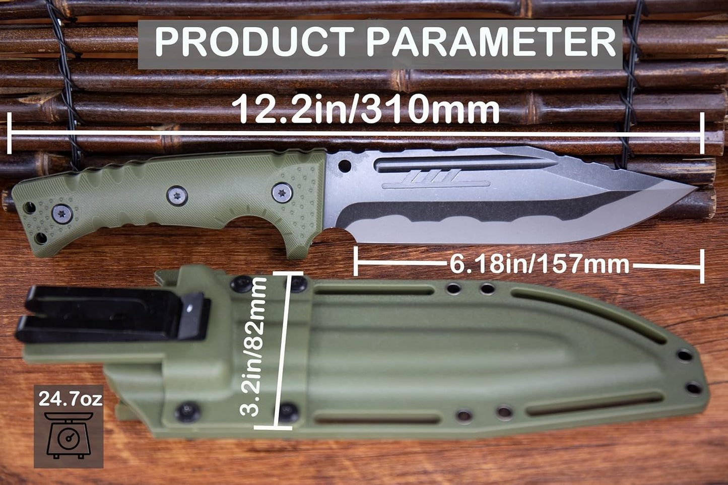 Cuchillo fijo 12pulg Kydex fibra vidrio caza campamento verde
