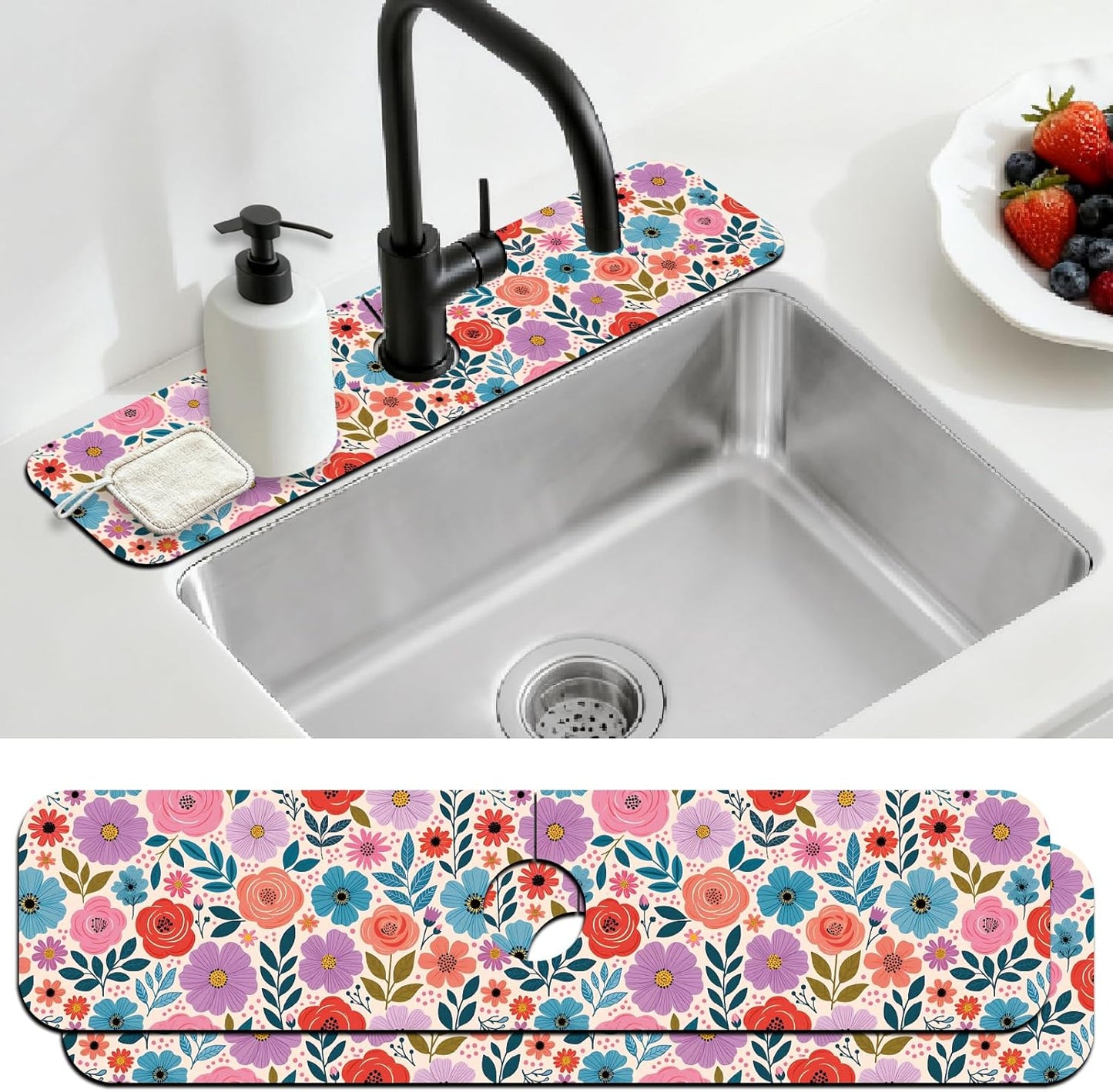 2 Tapetes Secado Fregadero Color Flores 23.6x5.5pulg