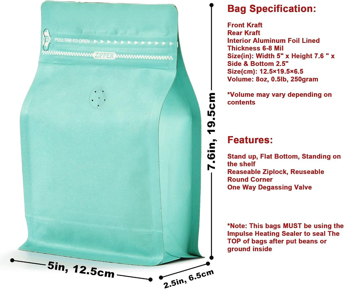 50 Bolsas Café Kraft 8oz Válvula Aire Hogar Tienda