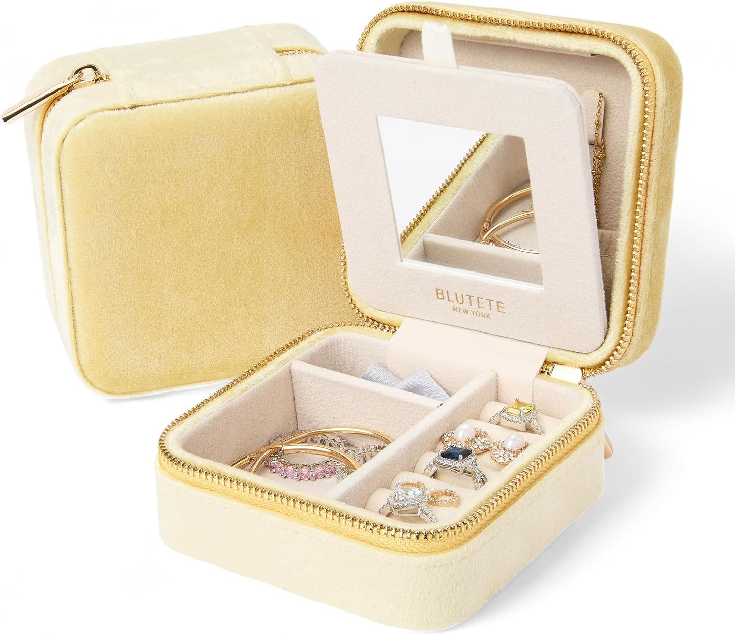 Caja terciopelo organizador joyería viaje con espejo amarillo limón