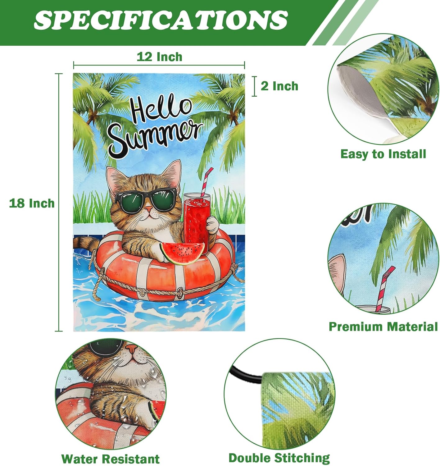 Bandera jardín doble cara 12x18pulg Hello Summer playa verano