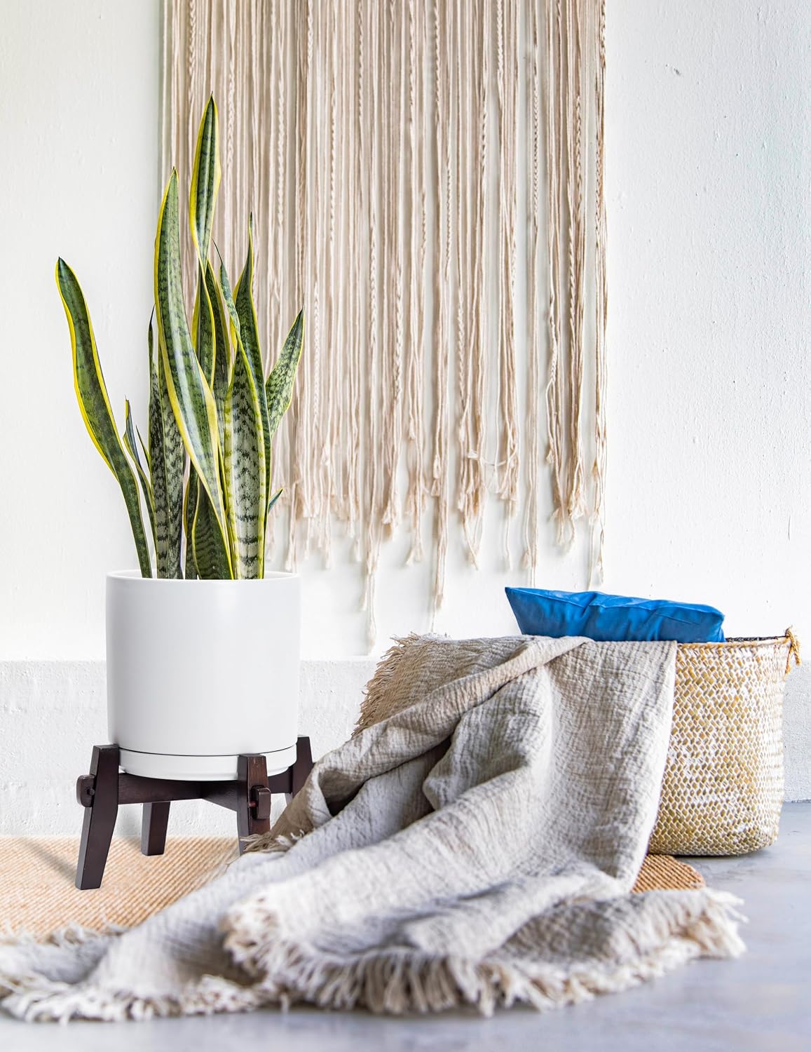 Maceta cerámica soporte madera cilíndrica 10pulg color blanco