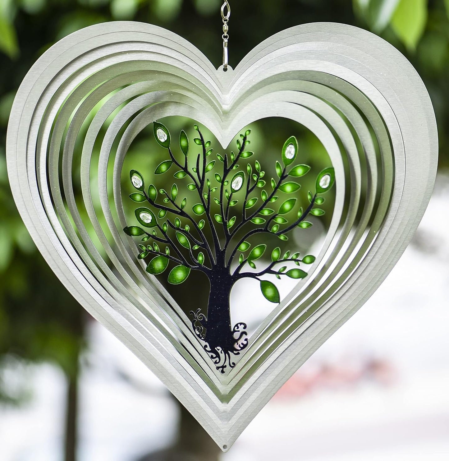 Molinillo viento corazón plateado jardín decoración