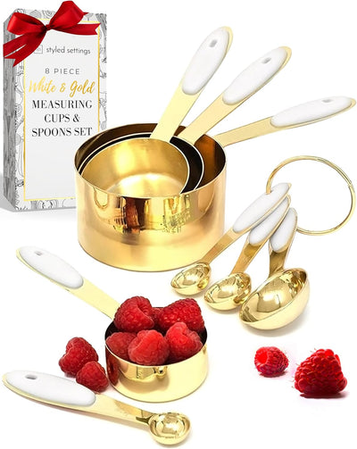 Set 8 Pzas Tazas y Cucharas Medidoras Acero Inox Dorado