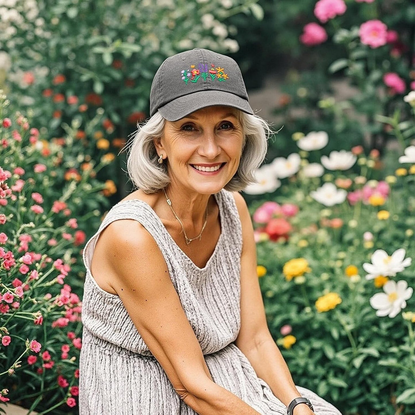 Sombrero jardín flores bordadas ajustables mujer