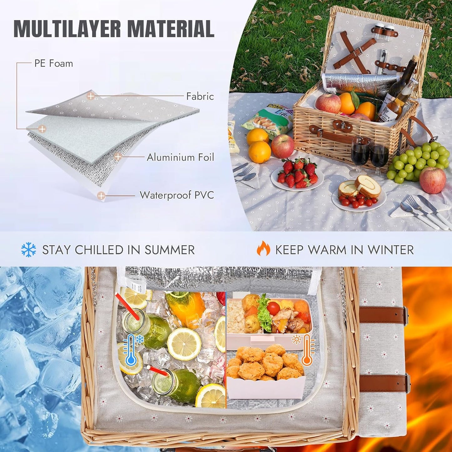 Set cesta picnic mimbre manta impermeable forro aislado