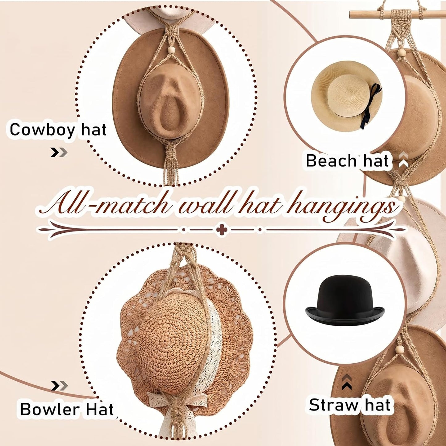 Perchas macramé para sombrero bohemio puerta beige