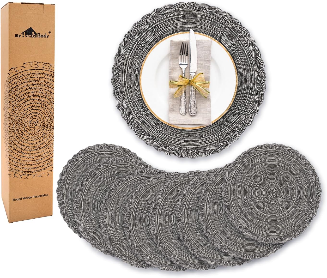 Set 8 manteles redondos trenzados gris hilo plateado