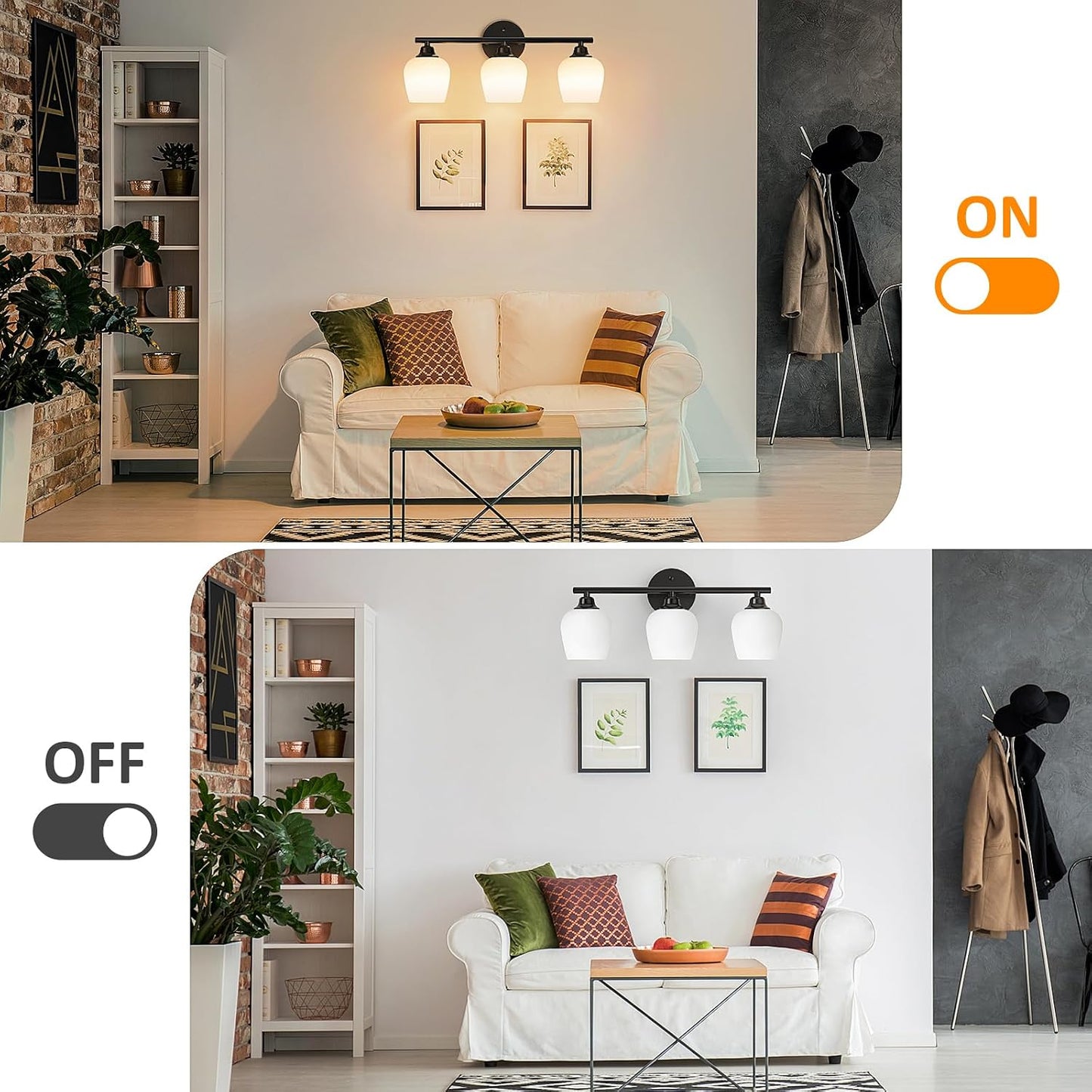 Lámpara de pared 3 luces negras para dormitorio y pasillo
