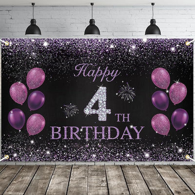 Pancarta Feliz 4º Cumpleaños Niña Morada 5.9x3.8pies