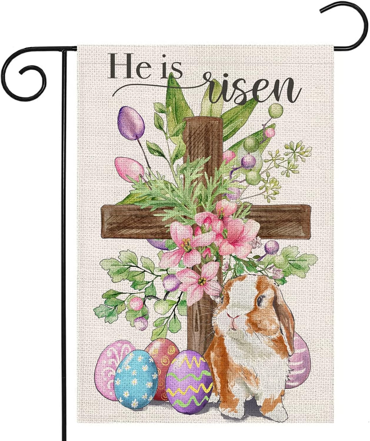 Bandera jardín cruz de pascua con huevos flores 12x18