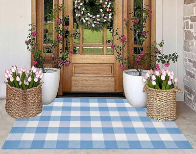 Alfombra porche 3x5ft algodón color azul claro y blanco