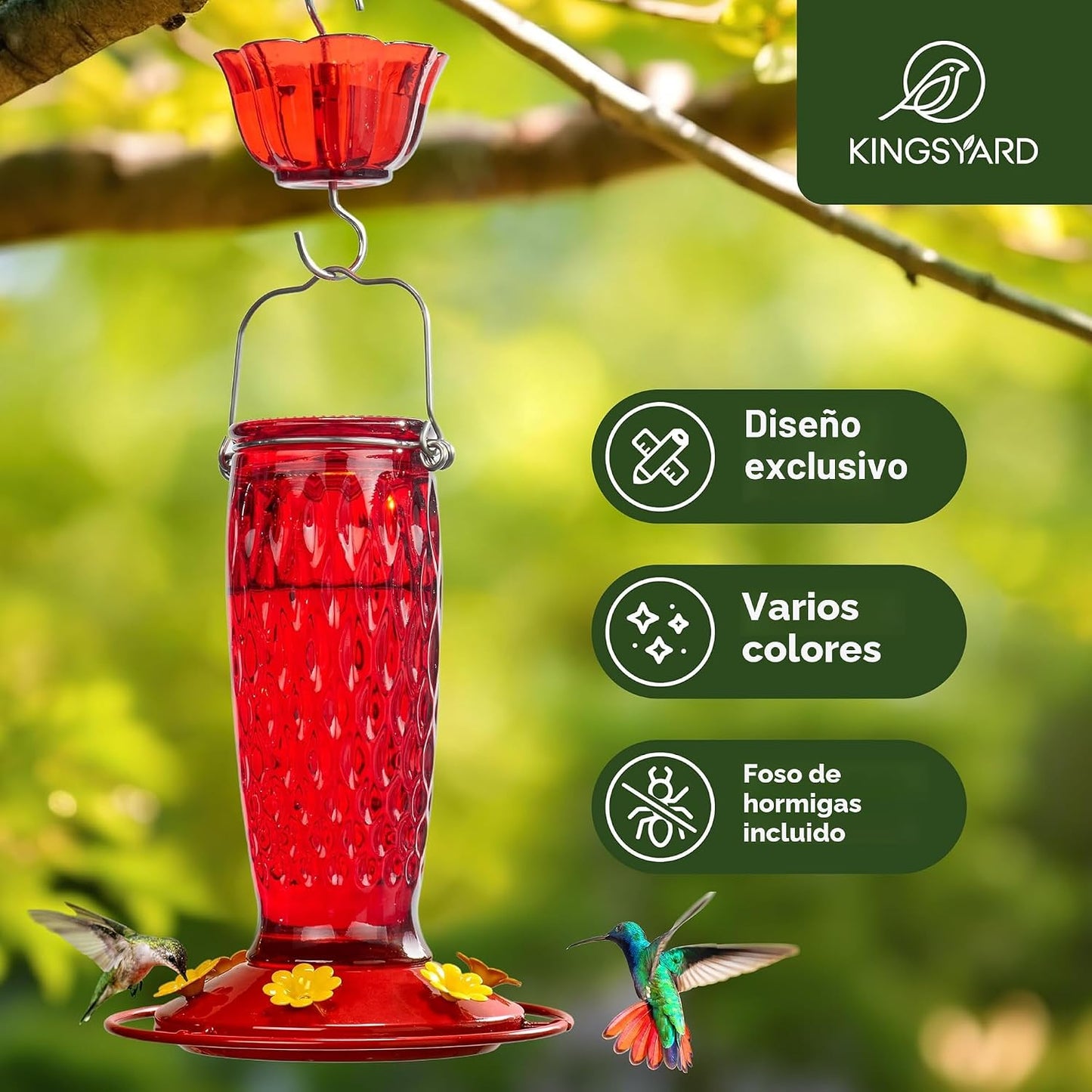 Comedero colibríes vidrio 24oz con foso hormigas 6 puertos