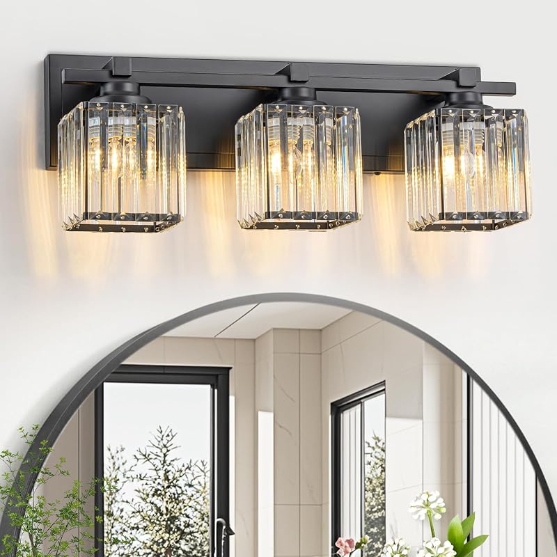 Lámpara tocador moderna 3 luces negro cristal baño