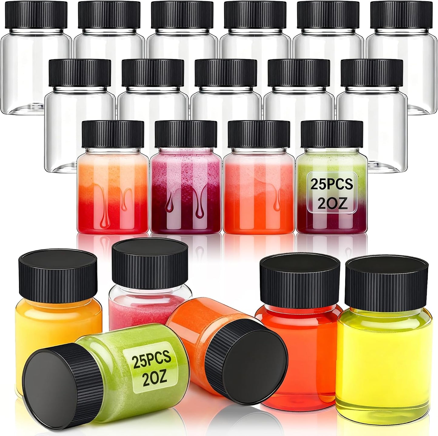 25 Botellas Plástico 2oz Boca Ancha Tapas Reutilizables