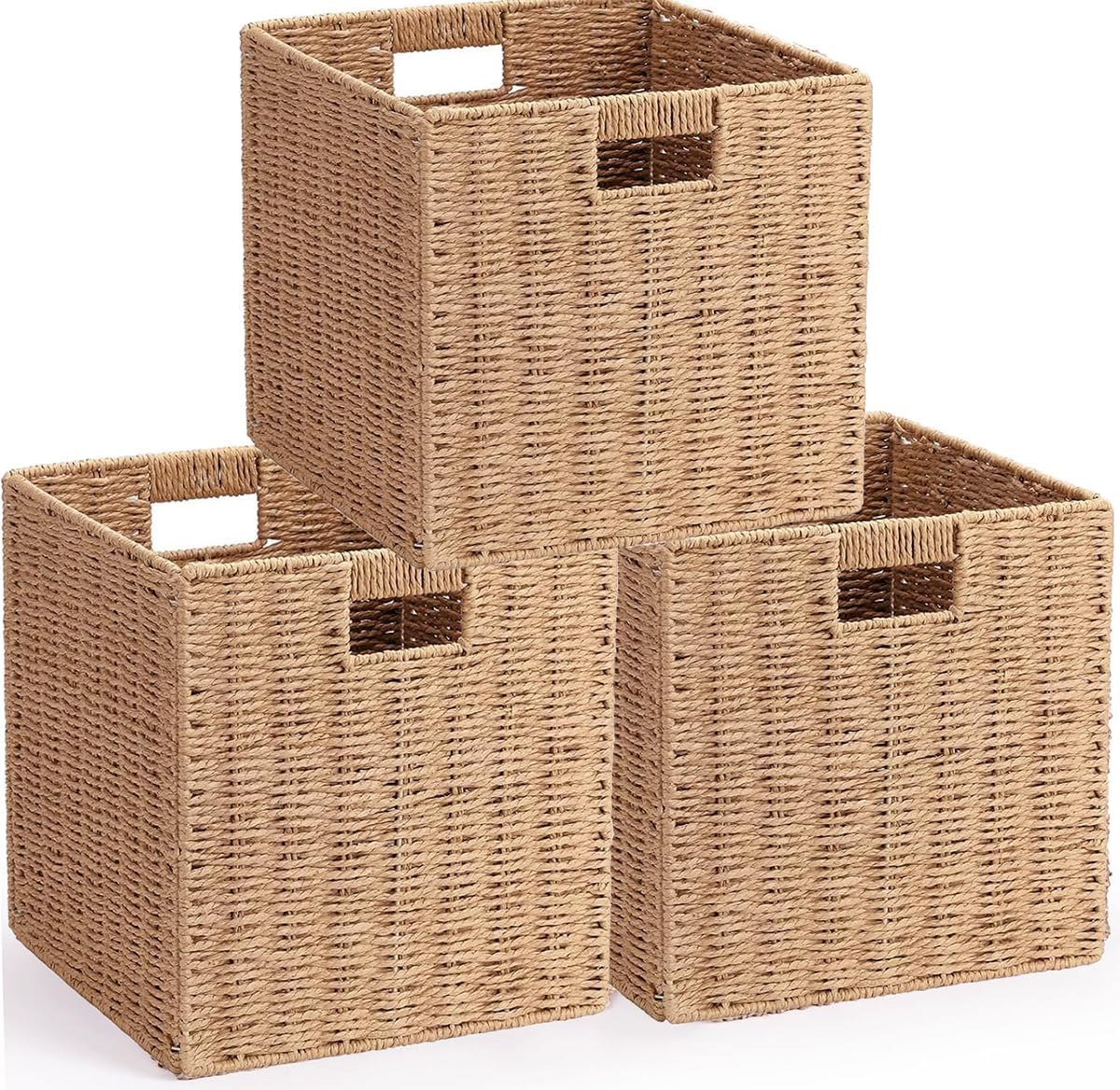 3 Cestas Tejidas Cuerda Papel 10.5" Canasta Marrón