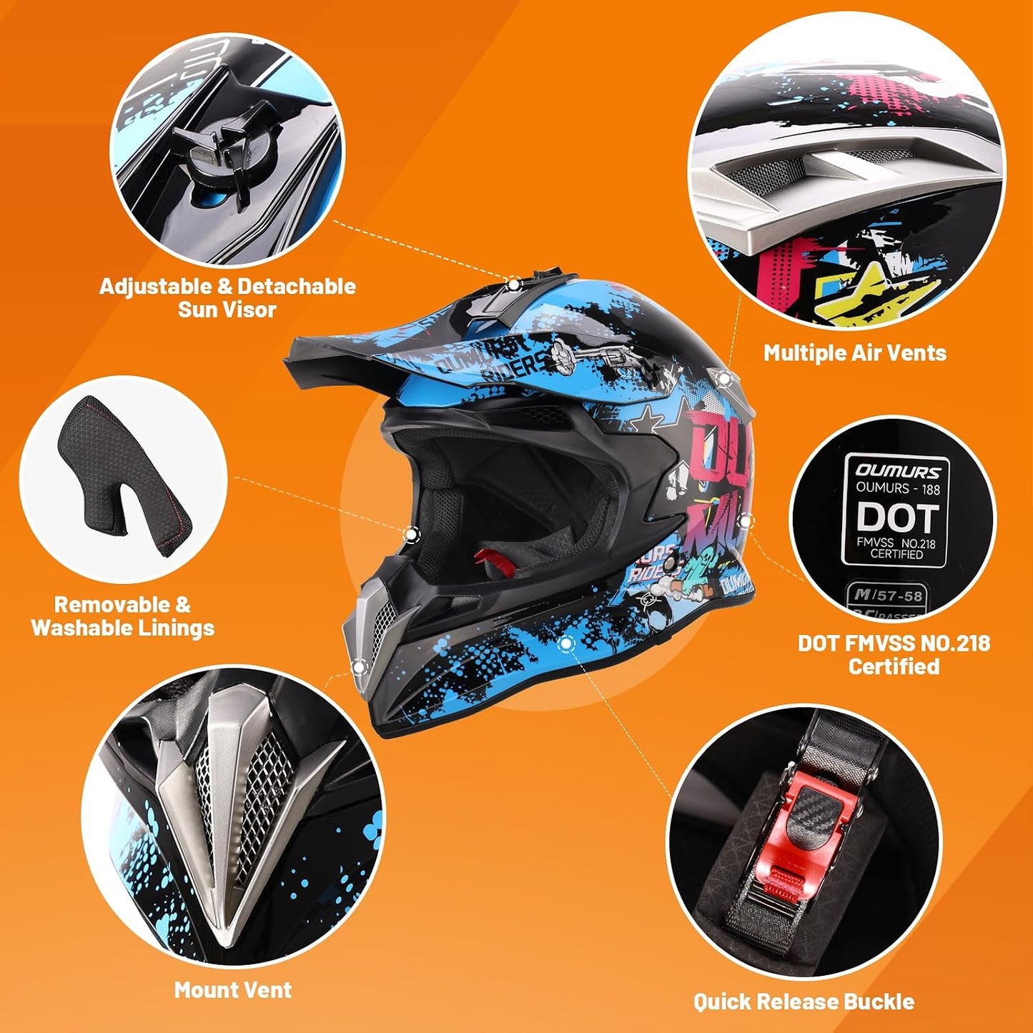 Casco Dirt Bike para adultos con visera solar y guantes