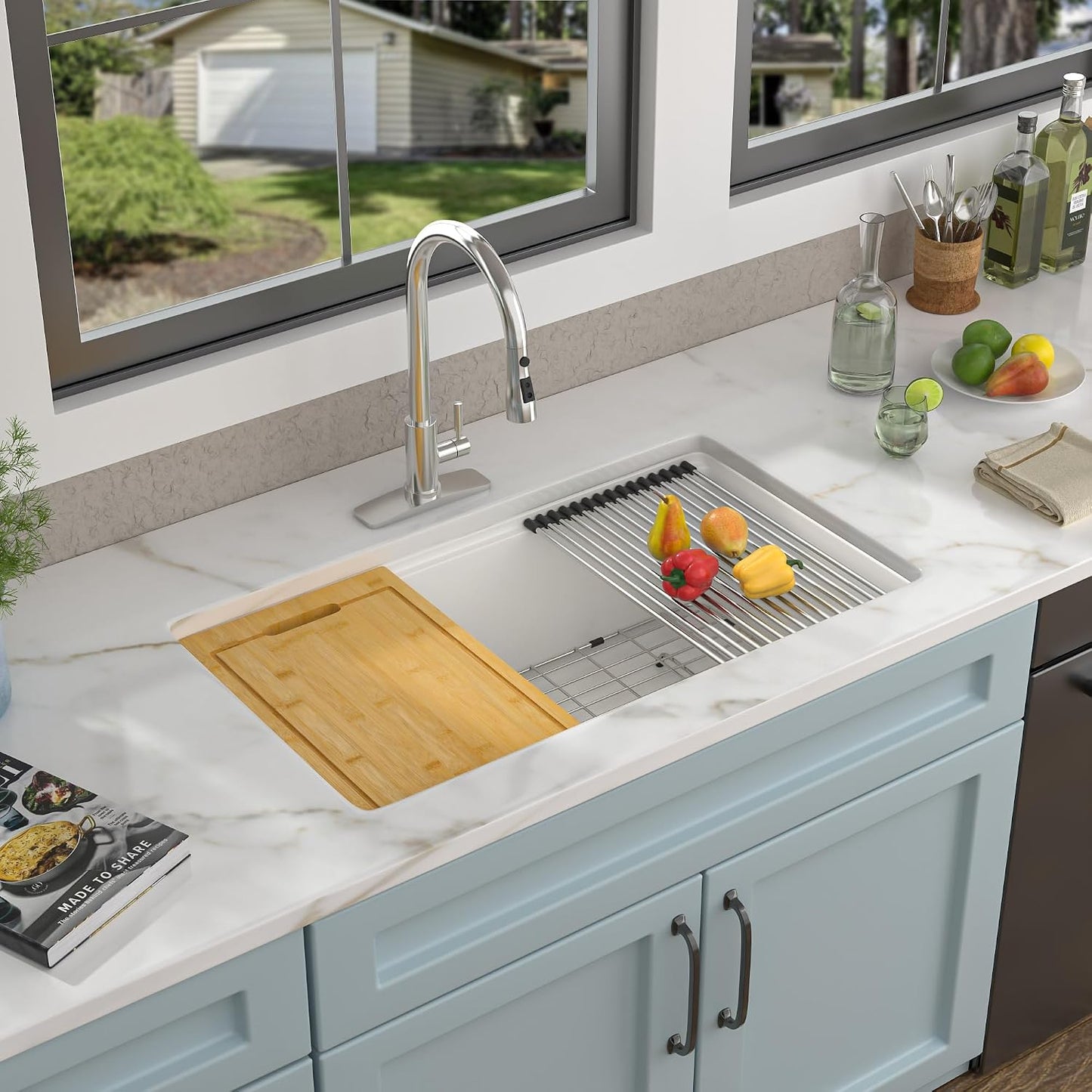 Fregadero cocina granito 30x19pulg estación blanca