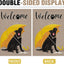 Bandera jardín perro labrador negro sombrilla amarilla patio