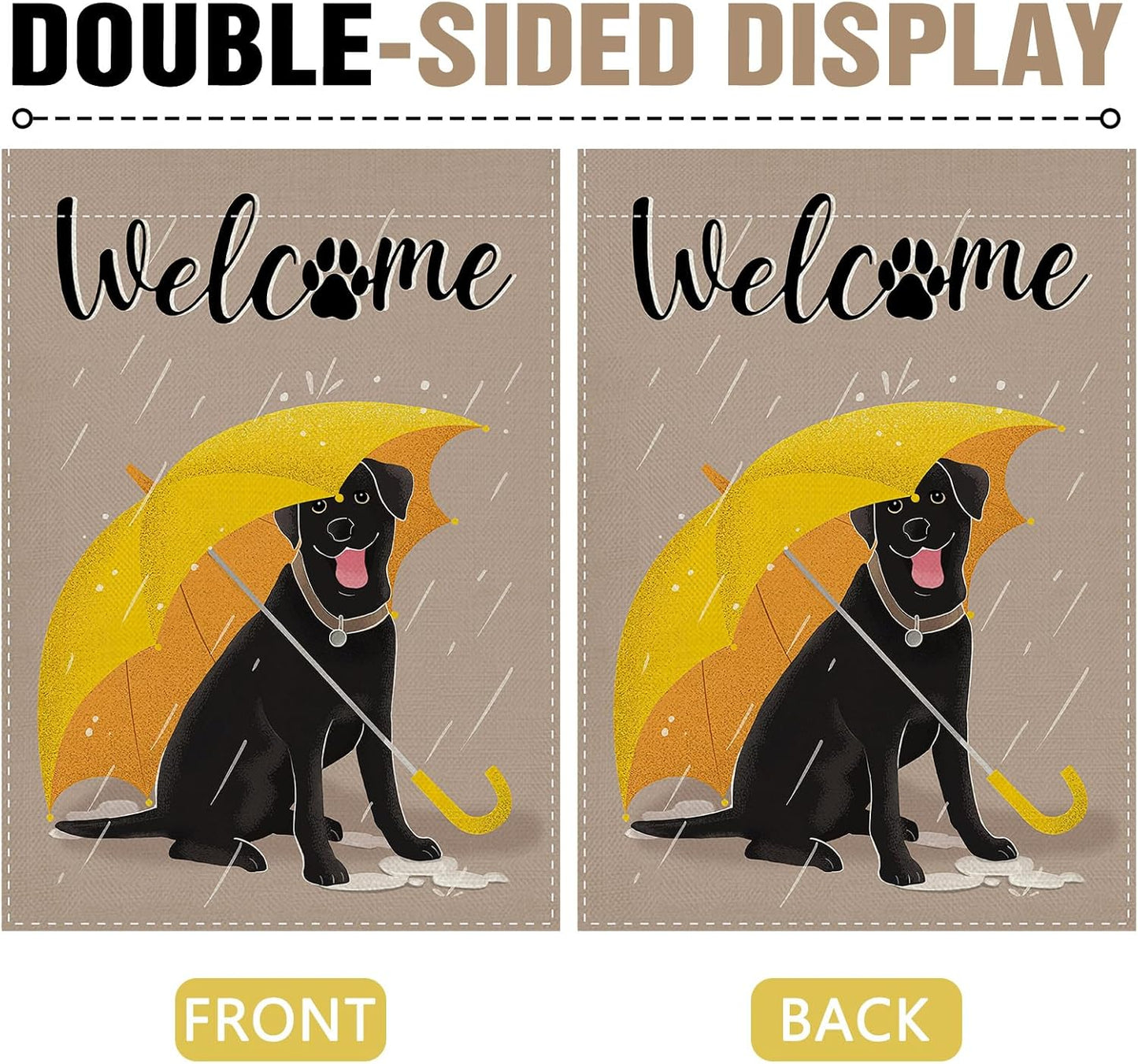 Bandera jardín perro labrador negro sombrilla amarilla patio