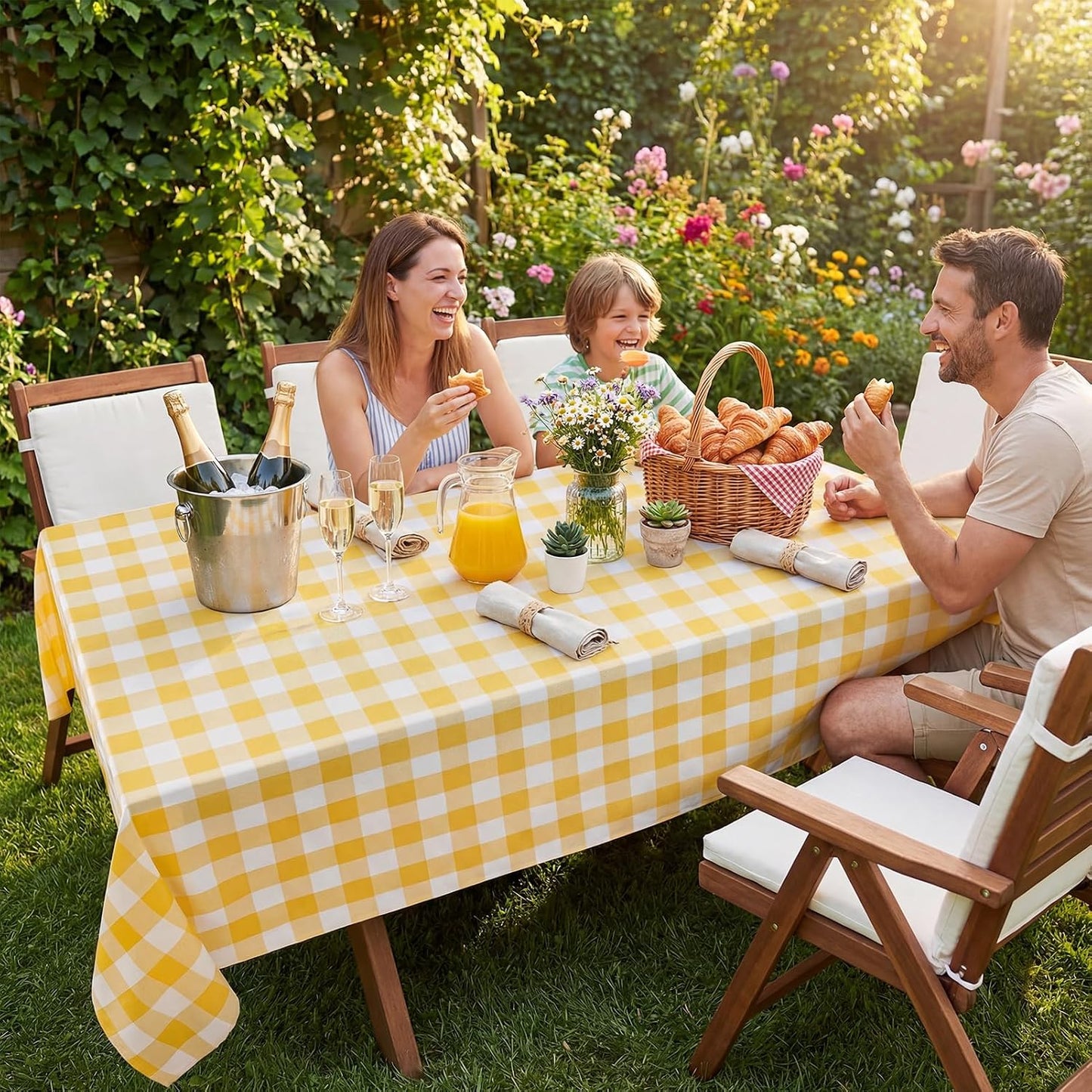 Mantel Gingham impermeable picnic camping Amarillo Blanco