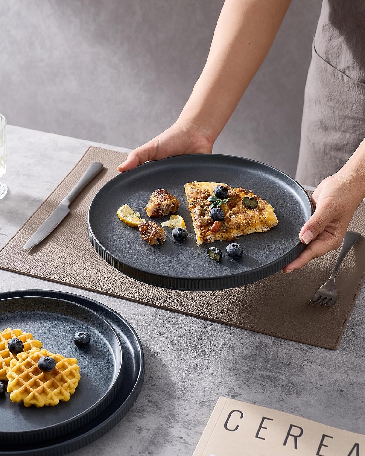 Set 6 platos ensalada 8pulg gres carbón oscuro mate