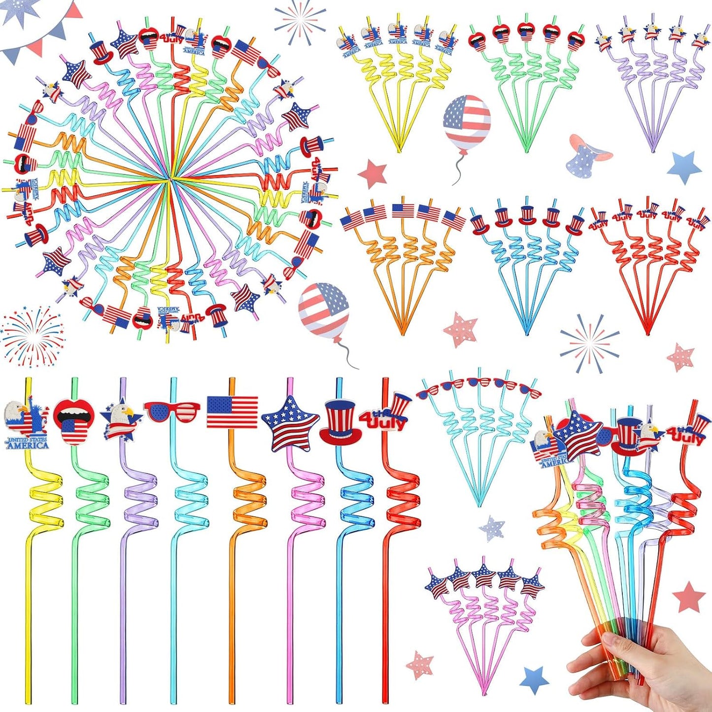 80 Pajitas Patrióticas Reutilizables 4 de Julio Coloridas