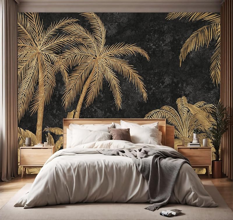 Papel tapiz tela palmeras doradas diseño tropical 137x96"