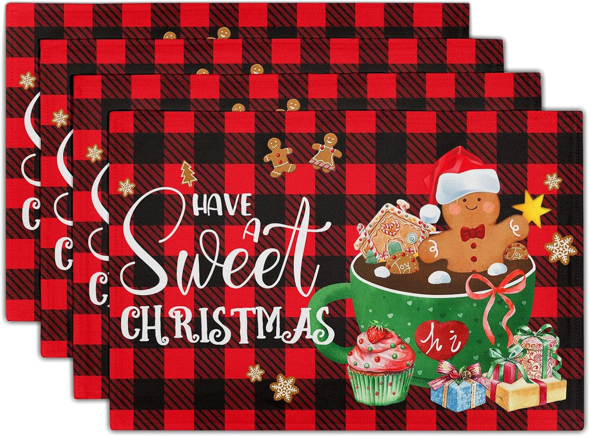 Set 4 Manteles Navidad Buffalo Rojo y Negro 12pulg