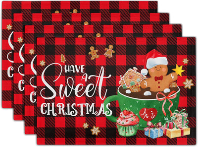 Set 4 Manteles Navidad Buffalo Rojo y Negro 12pulg