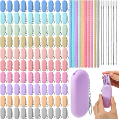 Set 100 Pajitas Silicona Plegables con Estuche y Llavero Multicolor