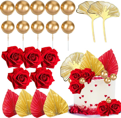 Decoración tartas rosas rojas 21uds estilo bohemio bolas doradas