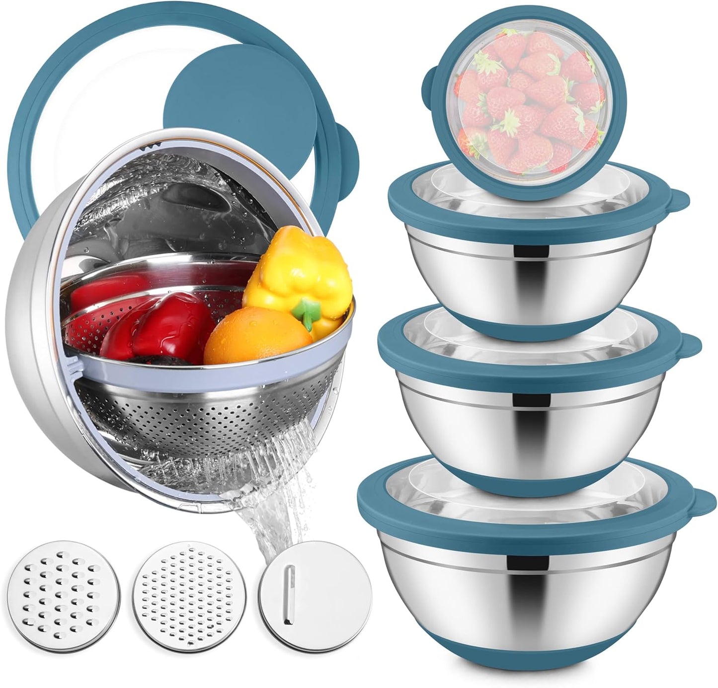 Set 15 Pzas Tazones Acero Inox Anidables con Colador