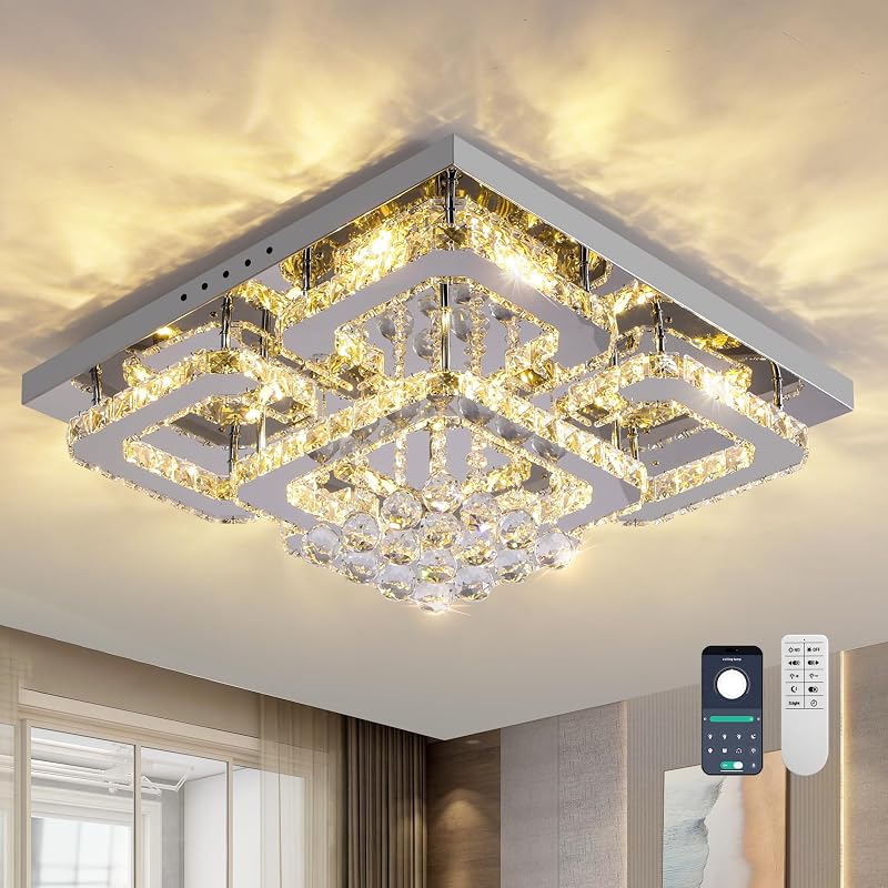 Lámpara araña cristal cuadrada control remoto LED moderna