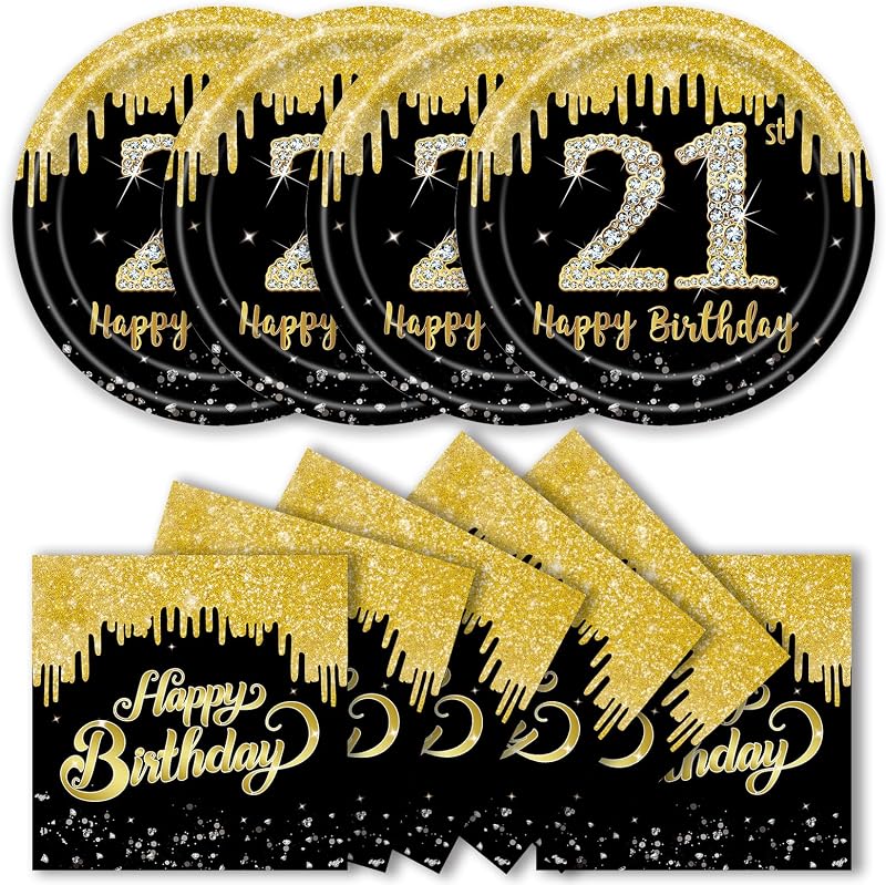 40 Platos y Servilletas Cumpleaños 21 Dorados para Niños