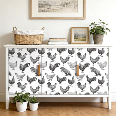 Papel tapiz autoadhesivo 17.5x118pulg diseño gallina blanco y negro