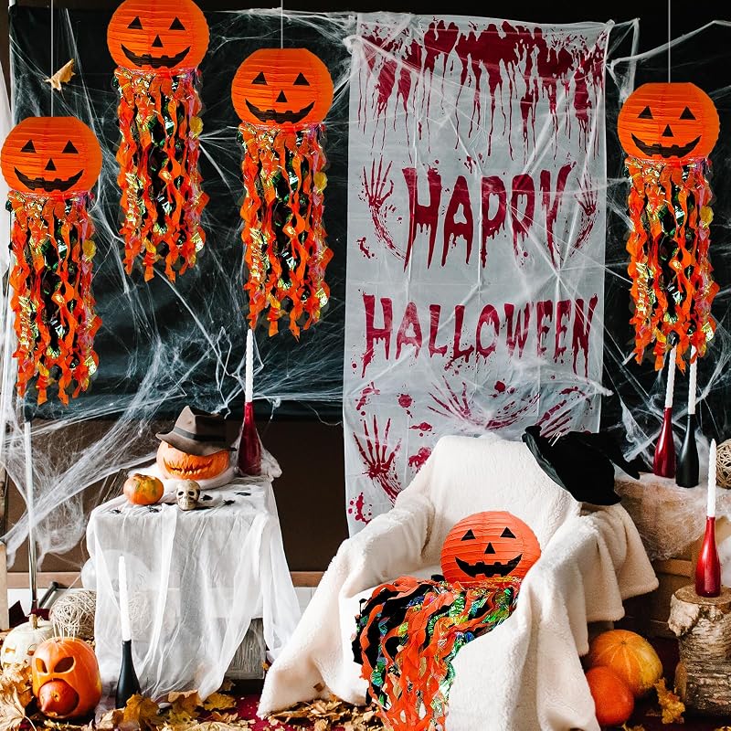 Faroles papel calabaza naranja y negro para fiestas 5uds