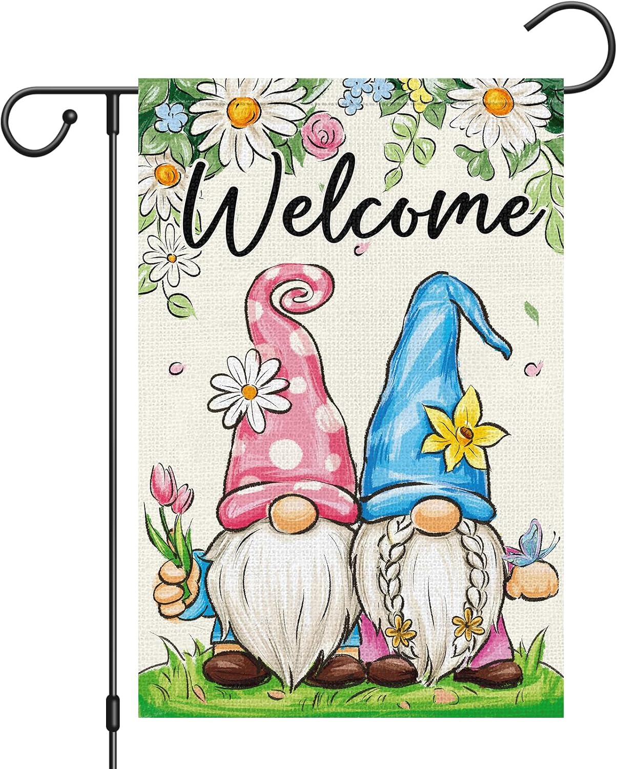 Bandera jardín gnomos 12x18pulg doble cara flores primavera verano