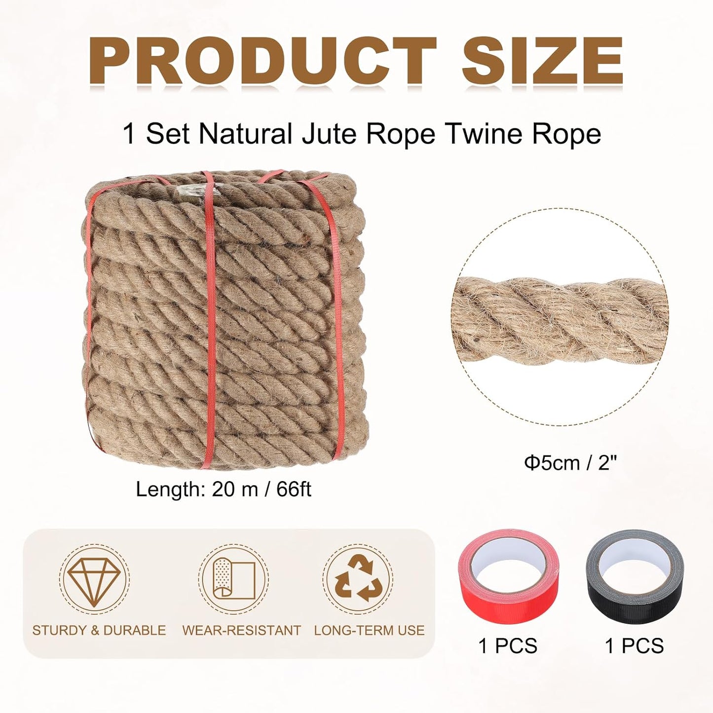 Cuerda yute 2pulg x66ft trenzada gruesa con cintas