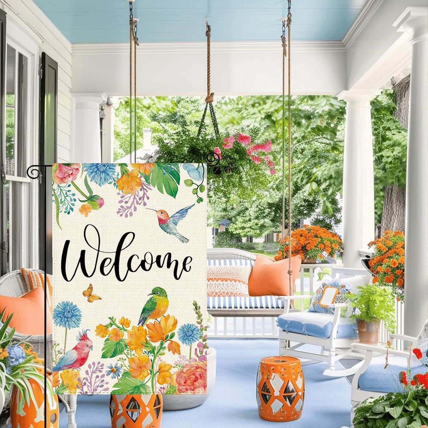 Bandera jardín loro colibrí 12x18pulg doble cara floral vintage