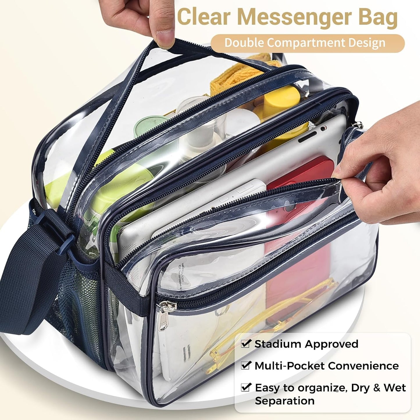 Bolsa mensajero transparente 2 compartimentos para eventos