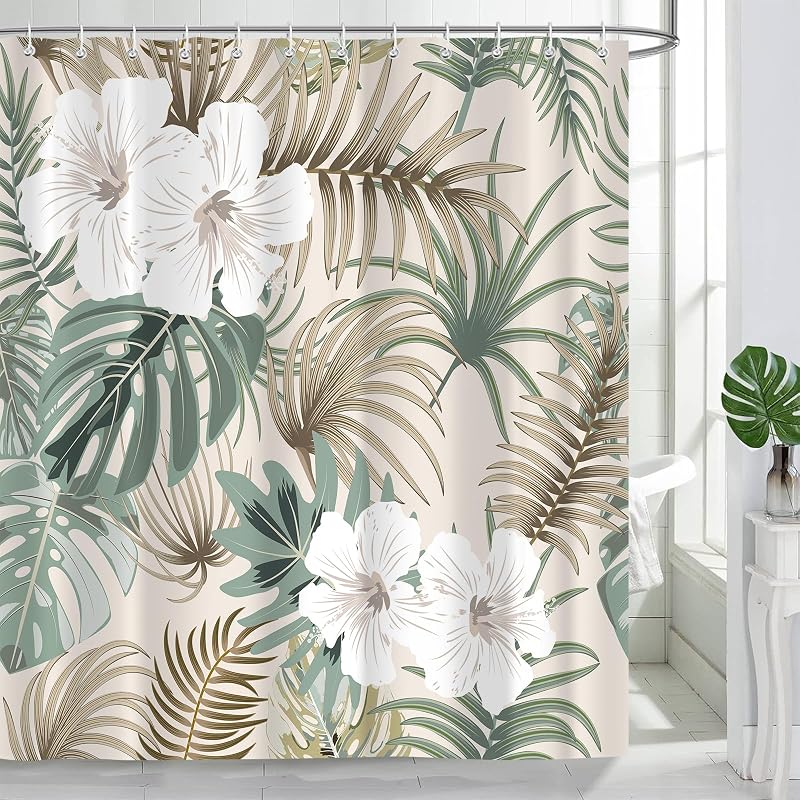 Cortina ducha bohemia palmera verde con ganchos