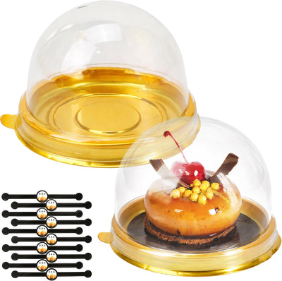 50 mini recipientes para cupcakes con tapas y sello de sellado, bases de chocoflan 2.4 pulgadas, soporte plástico transparente para pasteles