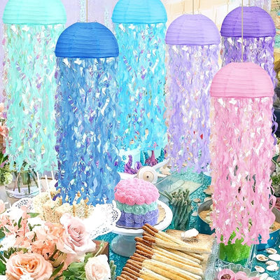 6 Linternas papel gelatina rosa morado azul para fiesta sirena