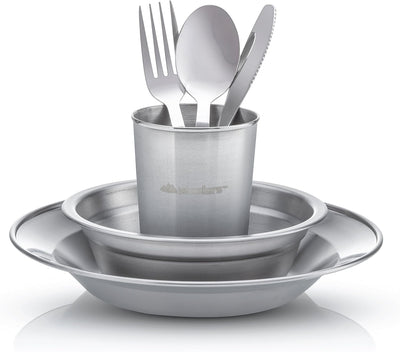 Kit vajilla acero inox camping con tazas platos cubiertos