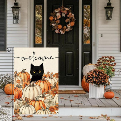 Bandera jardín calabaza gato negro 12x18pulg doble cara otoño