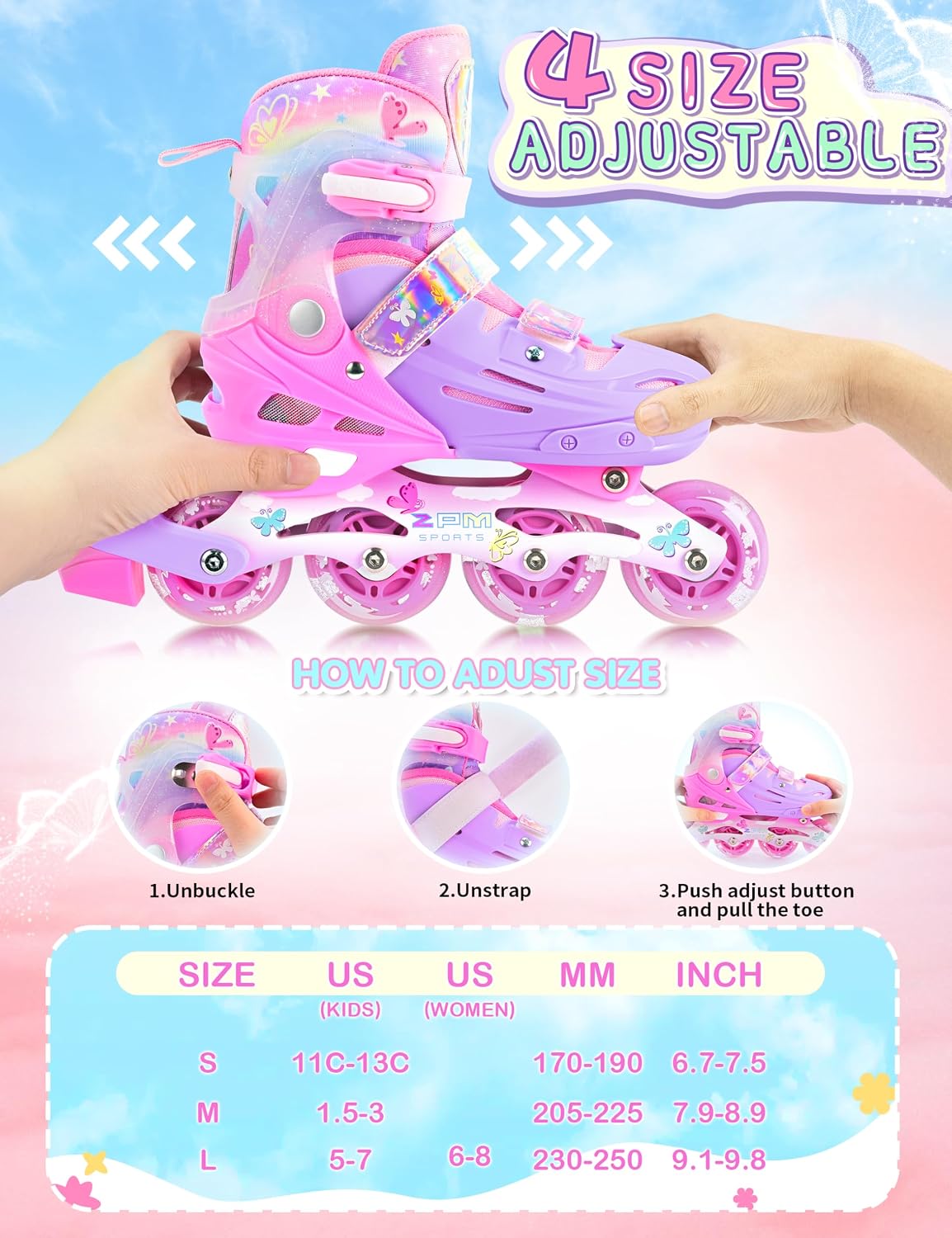 Patines en línea niños 3-12 ruedas iluminadas ajustables