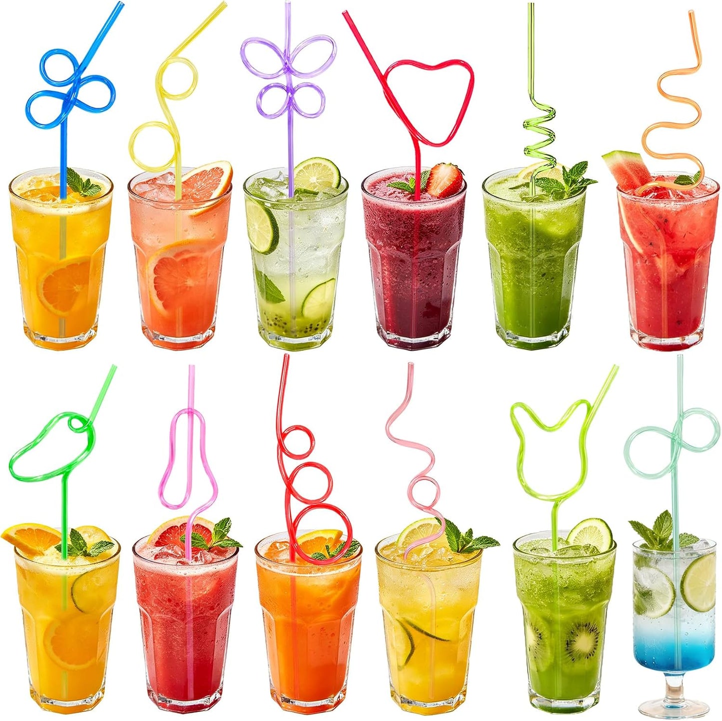 24 Pzas Pajitas Reutilizables Rizadas para Fiesta